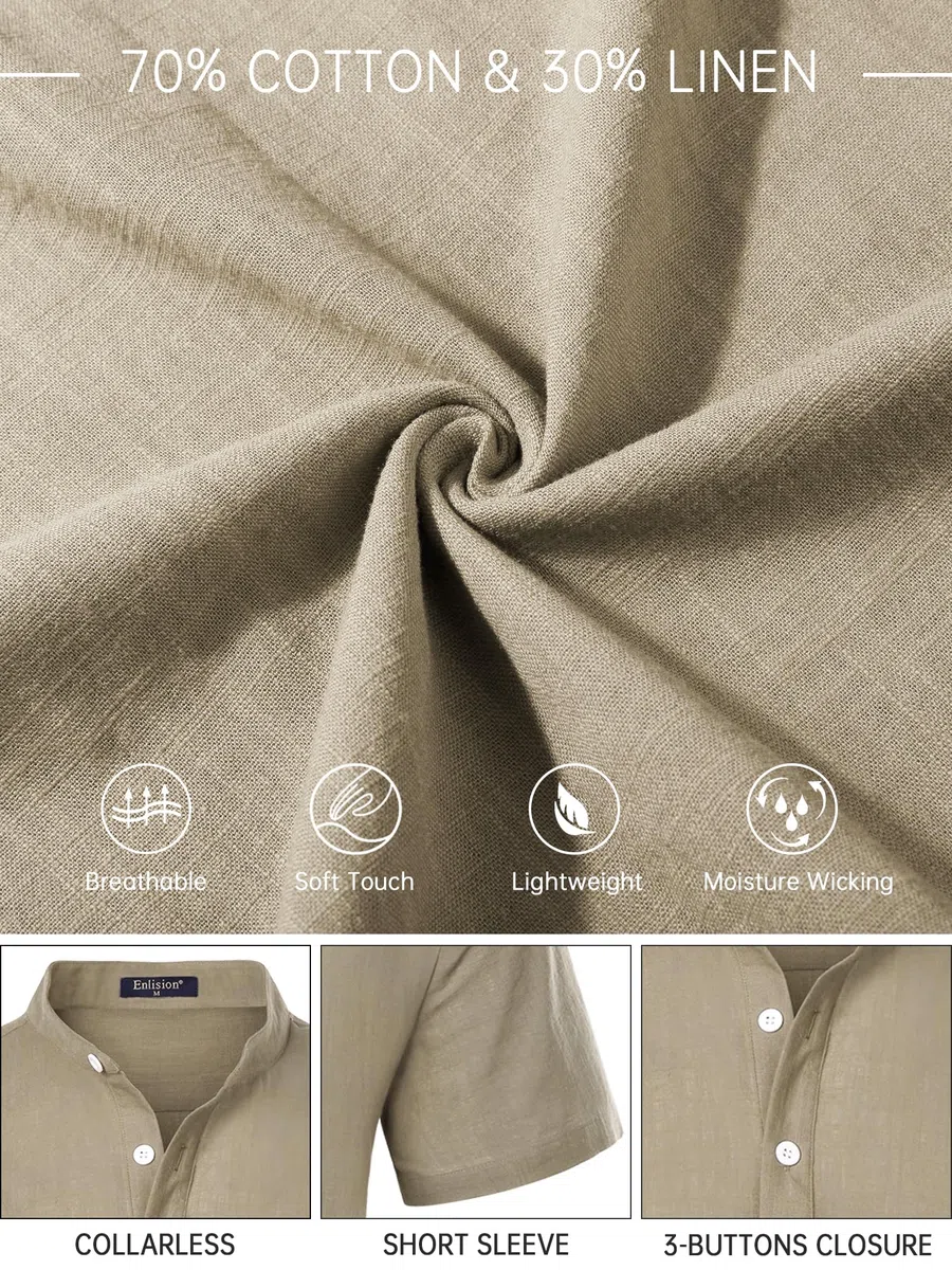 Enlision Camicia Uomo di Lino Cotone Maniche Corte Camicie Collo Coreana Casual Estiva Elegante Maglietta Serafino Tinta Unita vestibilità Ampia S-4XL