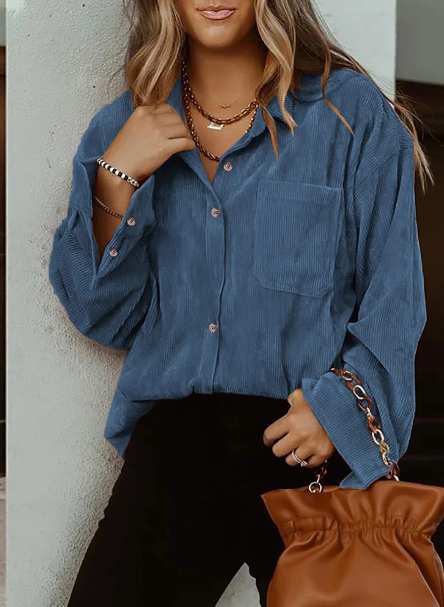 Necooer Camicia da donna in velluto a maniche lunghe con bottoni