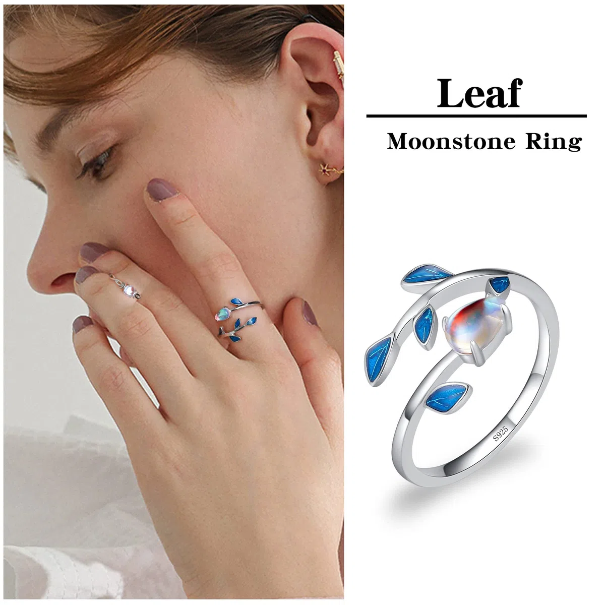 Qings Anello Pietra di Luna Argento Sterling 925 Regolabile Aperto Ovale Arcobaleno Moonstone Foglia Anelli per Donne Ragazze