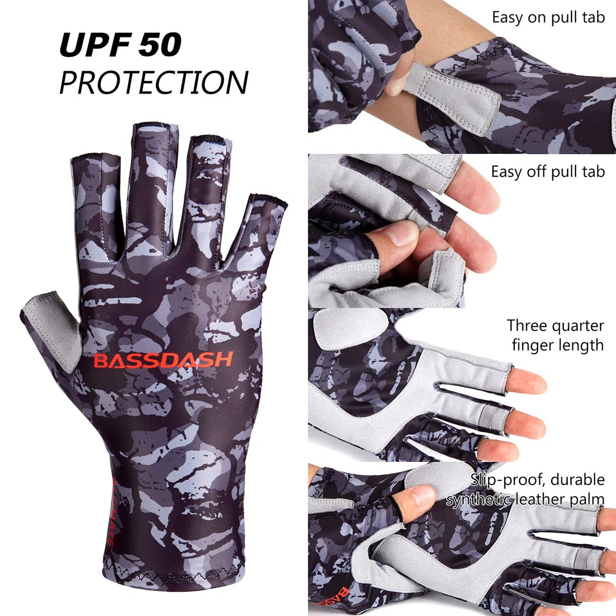 Bassdash BASSDASGH Altime Guanti da pesca senza dita con protezione solare UPF 50+ per uomo e donna per kayak pagaia escursionismo ciclismo guida tiro allenamento