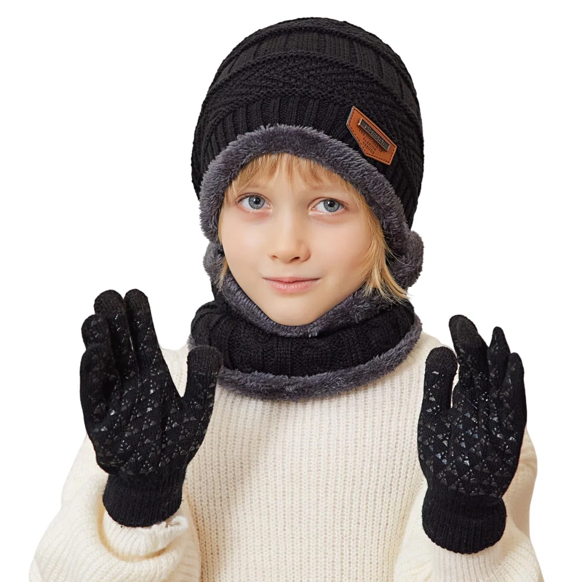 Cappello Bambini Invernale Berretto Guanti Sciarpa Bambino Scaldacollo Termico Cappello a Maglia Beanie Foderato in Pile Guanti Touchscreen per Ragazzi Ragazze 5-10 Anni