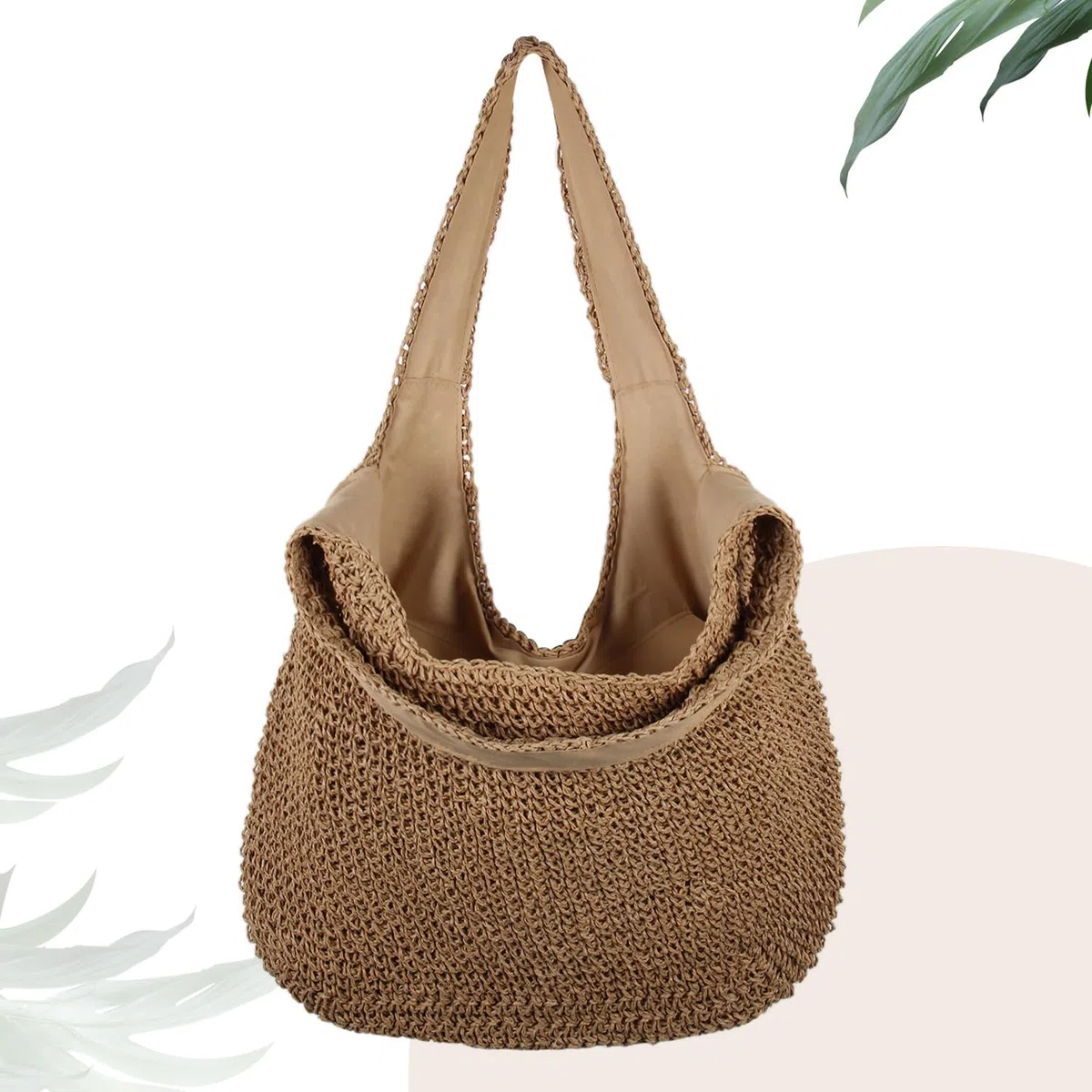 Borsa a tracolla da spiaggia estiva in paglia per donna, borsa intrecciata a mano casual di grande capacità