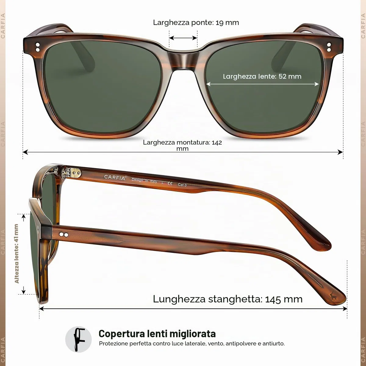 Carfia Vintage Polarizzati Occhiali da Sole da Uomo Protezione UV400 Telaio Acetato Stile Classico Elegante e Alla Moda