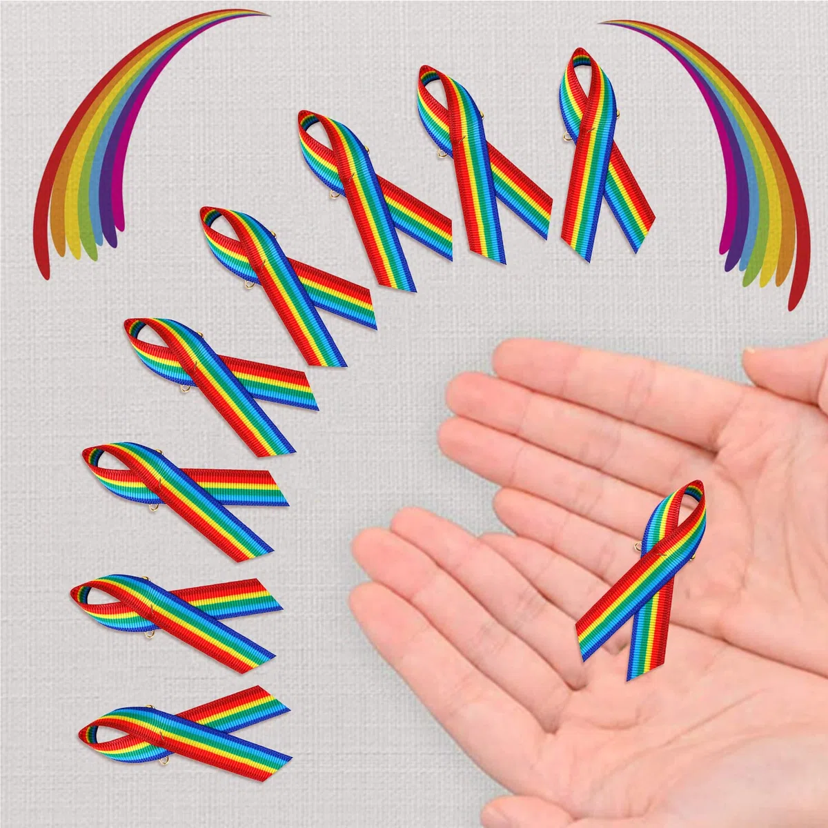 WANDIC 100 Spille a Nastro Arcobaleno con Motivo Arcobaleno in Raso, con spilli di Sicurezza per Donne e Uomini (Stile 2)