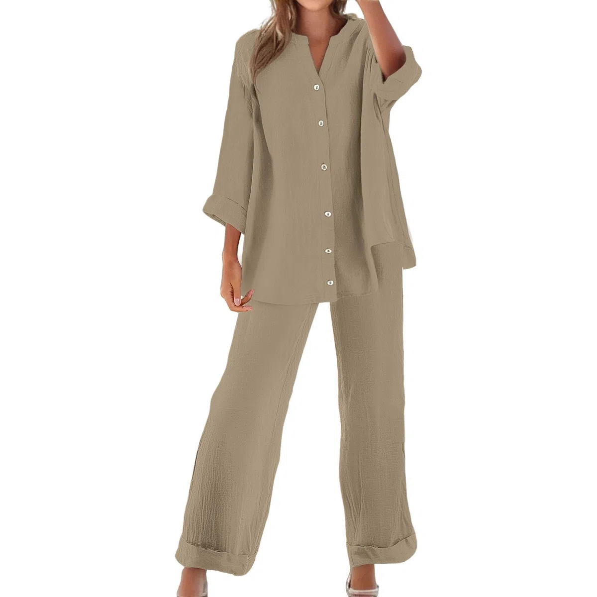 Completo Donna Elegante Casual Cotone E Lino Pantalone Lungo Estivo Tuta Elegante Tinta Unita Larghi Camicia + Pantaloni Palestra Curvy Set Due Pezzi Comodo Primavera Maniche 3/4 Set Spiaggia