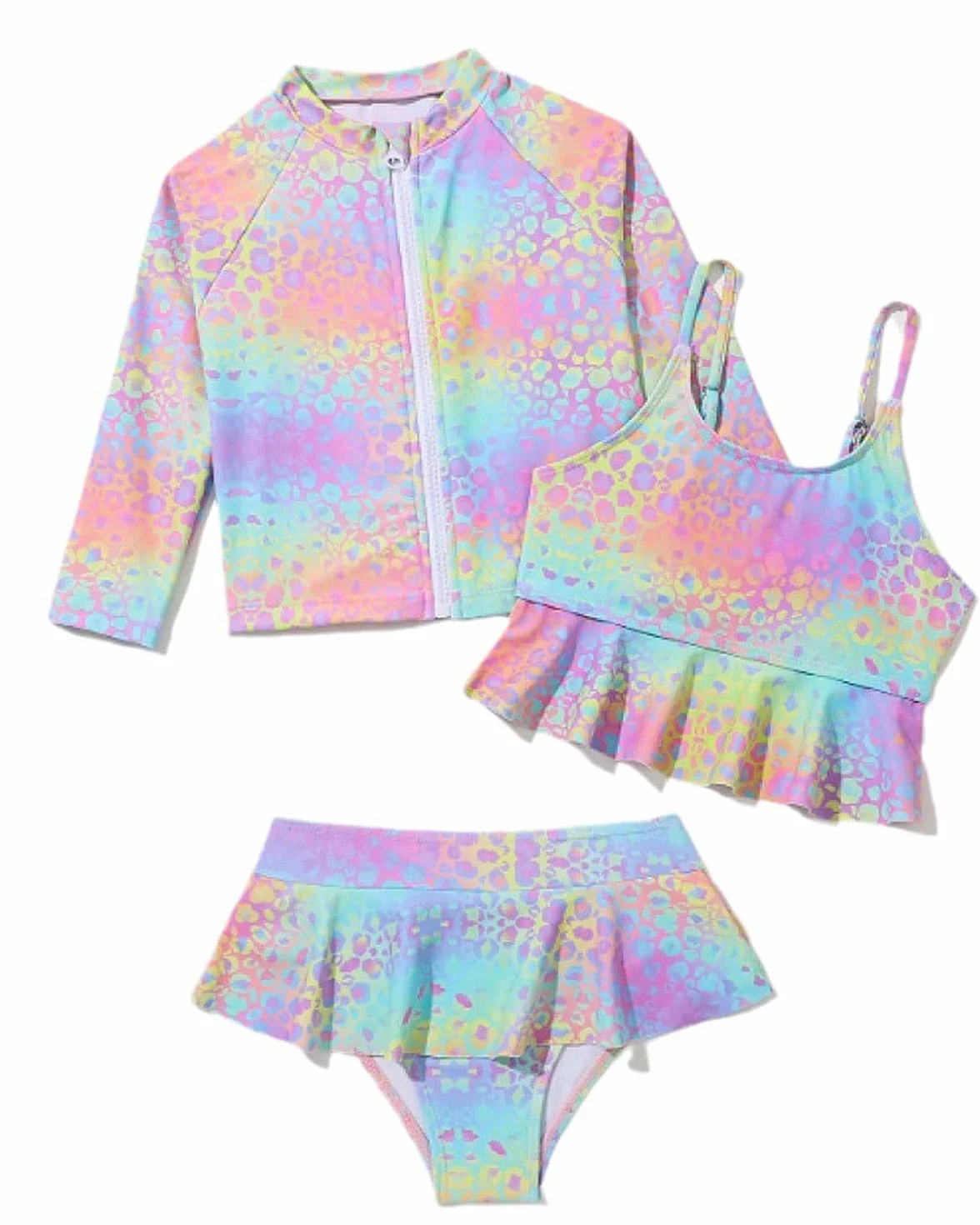 WYTbaby Costume da bagno per ragazze, set da 3 pezzi, con pantaloncini a maniche lunghe, con volant, tankini, costume da bagno per bambine da 3 a 9 anni