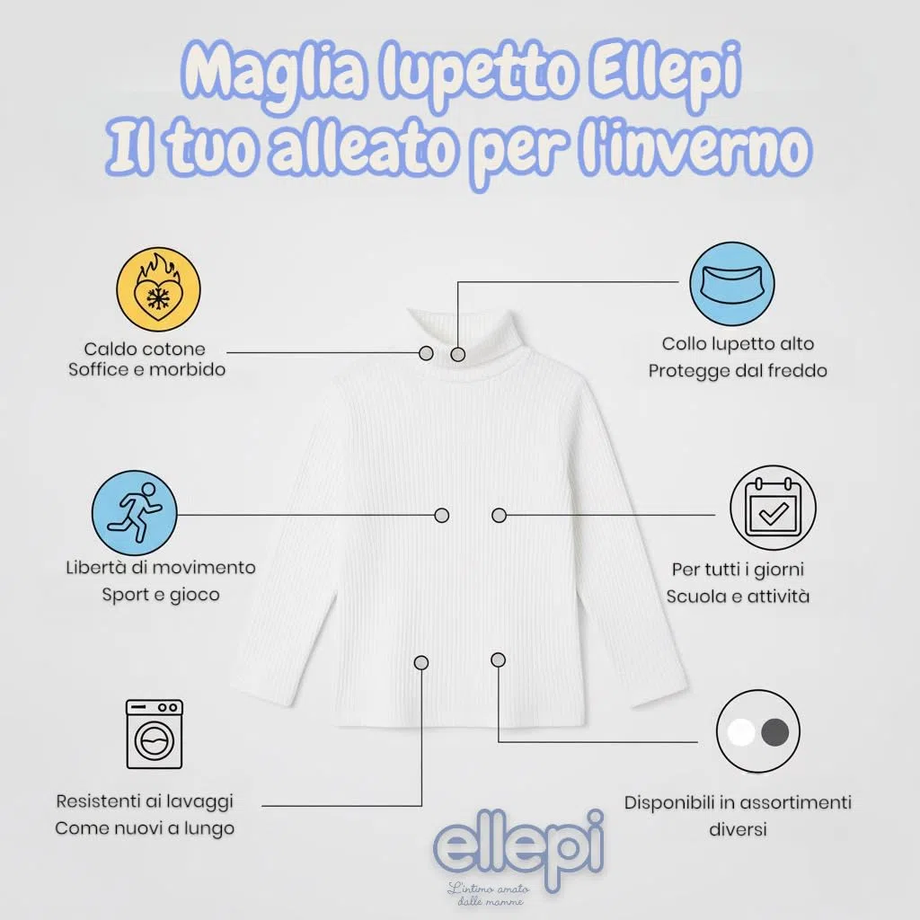 Ellepi Set 3 Maglie Lupetto Bambino Bambina Manica Lunga 100% Caldo Cotone