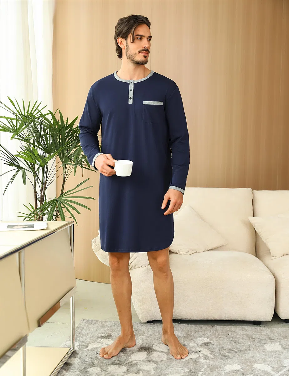 Uniexcosm Maglie Pigiama Uomo, Camicia da Notte Manica Lunga Uomo Girocollo con Bottoni, Pigiami e Abbigliamento da Notte da Uomo con Tasca sul Petto per Casual Ospedale Casa