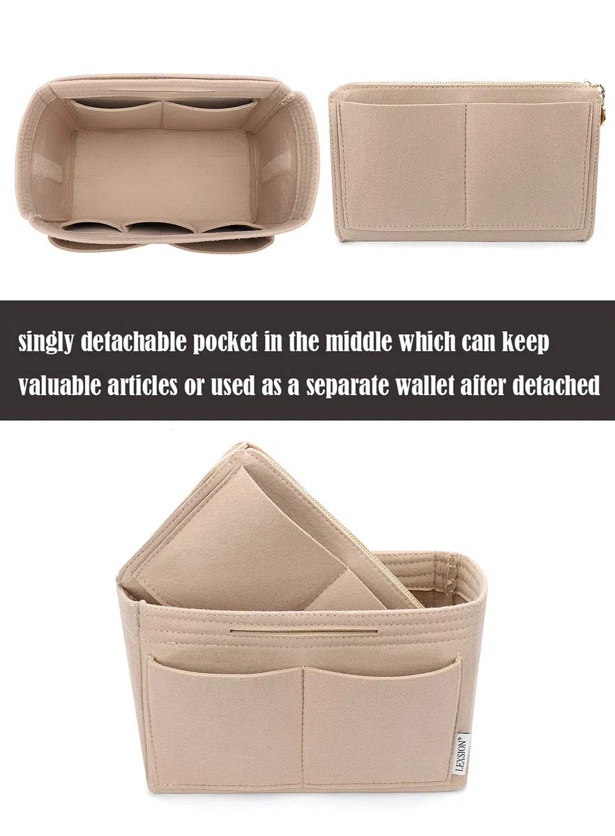 Feltro Borsa Organizer Inserto con cerniera Borsa Tote Shaper Fit Speedy Neverfull MM GM, Beige, Small