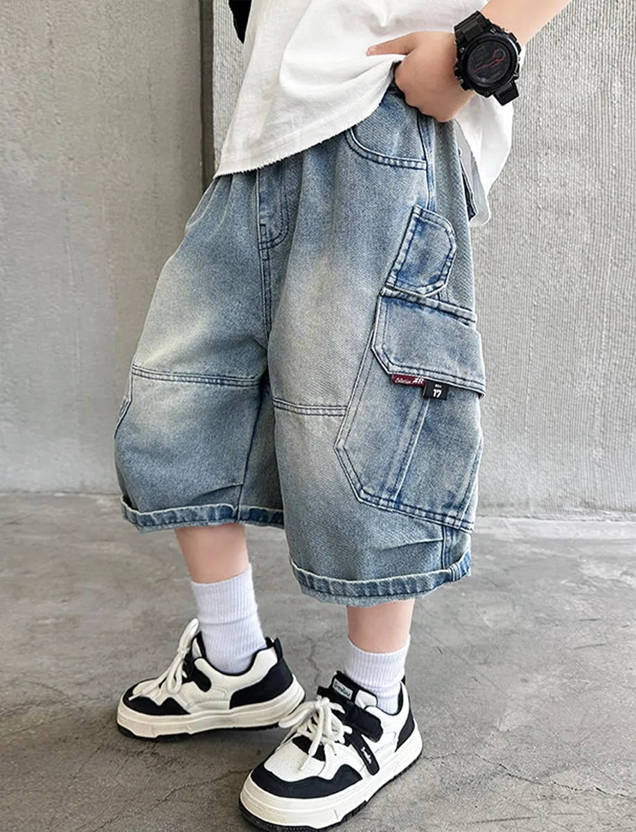 SEAUR Bermuda Baggy Bambino Pantaloncini Jeans Ragazzo Gamba Larga Jean Shorts a Vita Elasticizzata con Tasche Pantaloni Corti Estivi 5-15 Anni
