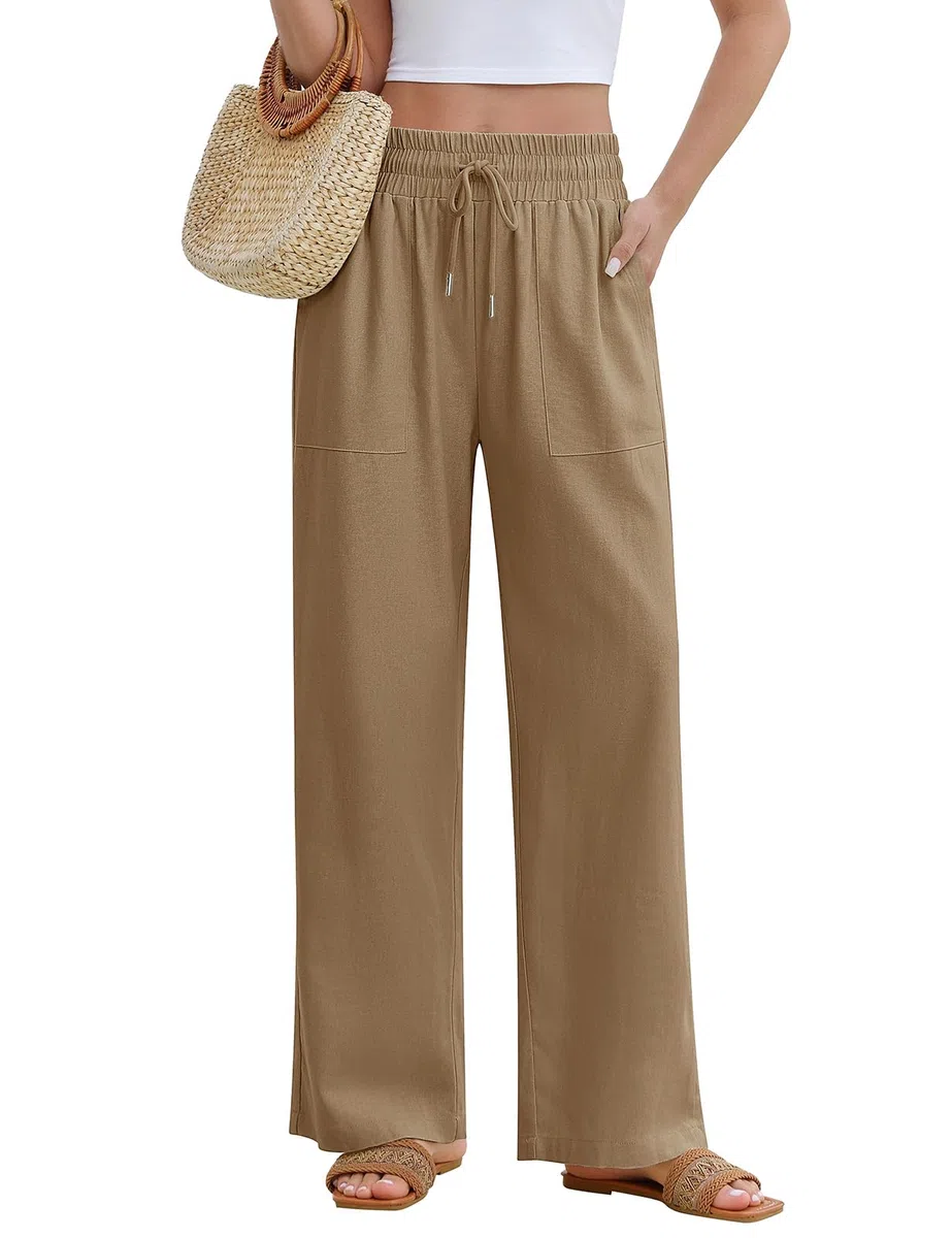 Pantaloni Donna Estivi Lino Pantaloni Leggeri Larghi Elastico Vita Alta Lunghi Gamba Dritta Eleganti Pantaloni Palazzo da Spiaggia Jogging Solido Sciolto Casual Comodi con Tasche