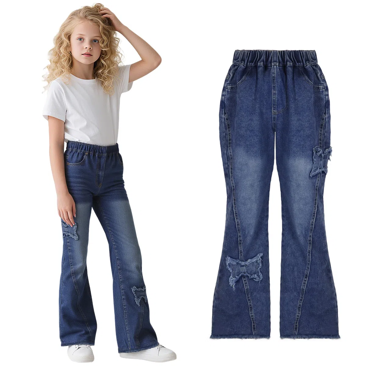 Ragazze Flared Jeans, Larghi Denim Pantaloni Bambina Baggy Gamba Larga Elasticizzati Vita Alta Lunghi Jean Ragazza Loose Fit Casual Pants Moda Streetwear, 6-15 Anni