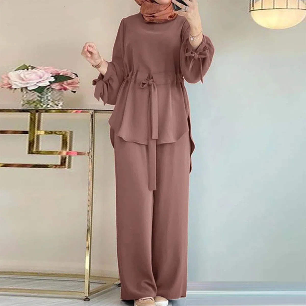 Donna musulmana manica lunga risvolto camicia irregolare pantaloni larghi pantaloni larghi tinta unita tuta casual tuta pantaloni festivi maniche lanterne set musulmano abaya abbigliamento