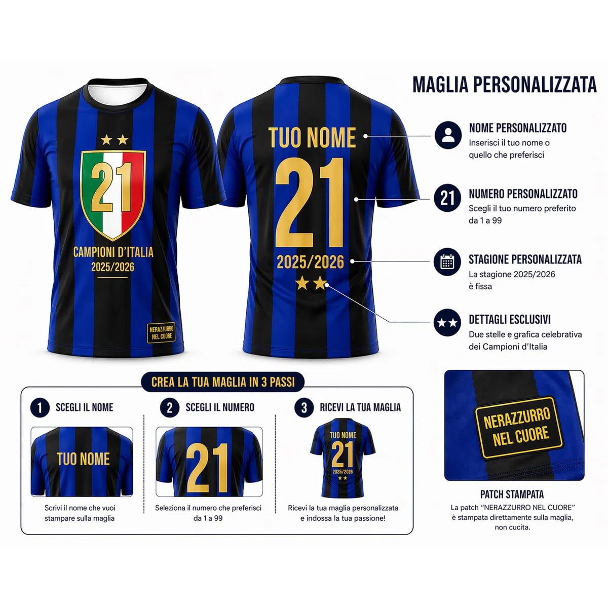 Fupies Maglia Calcio Personalizzata Stile Nero-Azzurro Campioni d'Italia 2025/2026 - Nome e Numero Personalizzabili - T-Shirt Sportiva Uomo - Idea Regalo Tifoso Scudetto