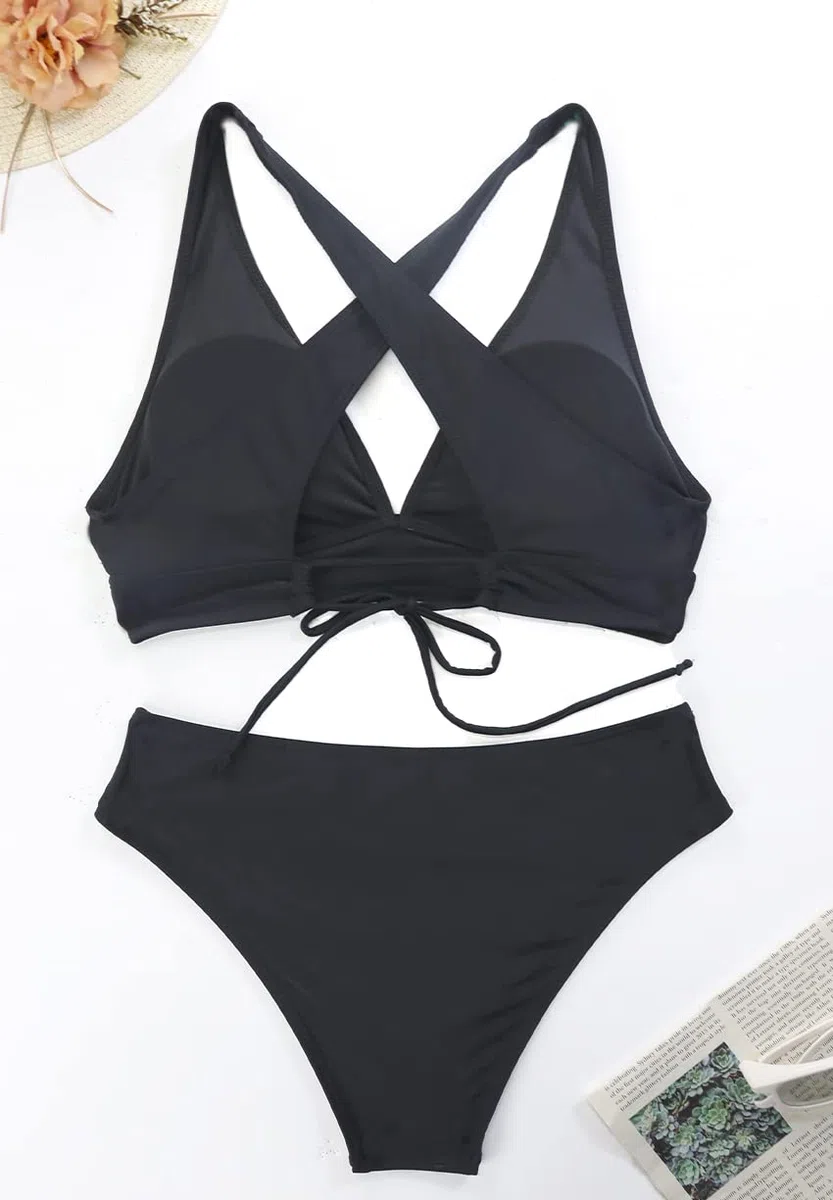 Costumi da Bagno Donna Scollo a V Triangolo Top Push-up Reggiseno Imbottito Cinturino Laterale Media Bottom Bikini Set Spiaggia Due Pezzi