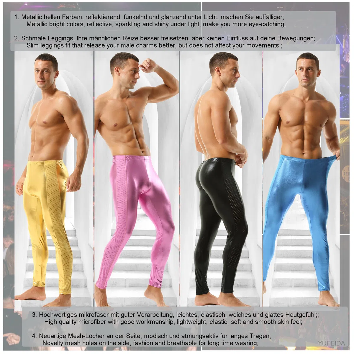 YUFEIDA Leggings da uomo metallizzati riflettenti pantaloni lunghi slim fit stage dance discoteca attivo casual sport leggings