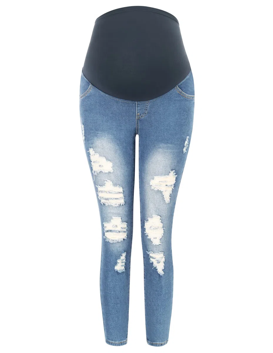 Maacie Pantaloni premaman Jeans elasticizzati per gravidanza a vita alta Pantaloni per donne incinte, Nero Azzurro, M