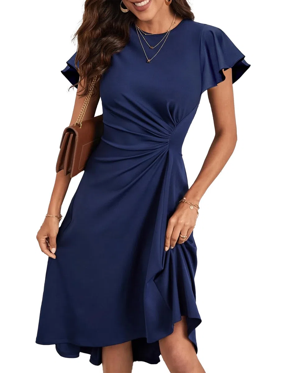 Vestito Donna Elegante Manica Corta Abito Linea A Vita Alta Midi Abiti Tinta Unita Estivo Vestiti da Cerimonia per Festa Cocktail