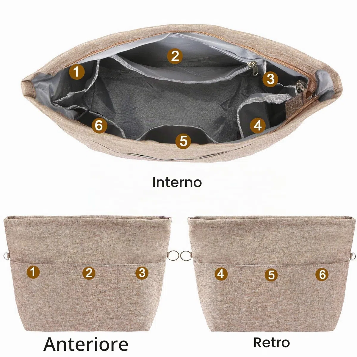Yoillione Organizer Borsa Donna Marrone, Purse Insert Tote Bag Organizer per Borsa Interno, Impermeabile Oxford Organizzatore Borsa con Zip, XS