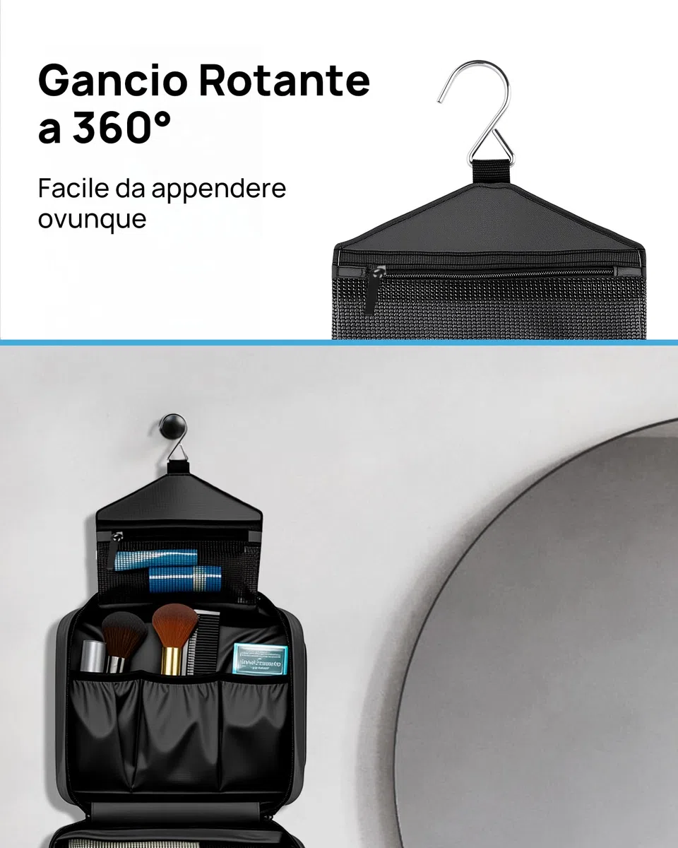 Beauty Case da Viaggio, Borsa da Toilette per Donna Uomo Beauty Case Grande Impermeabile, Gancio in Metallo per Appendere, idee regalo natale 2025 (Nero)
