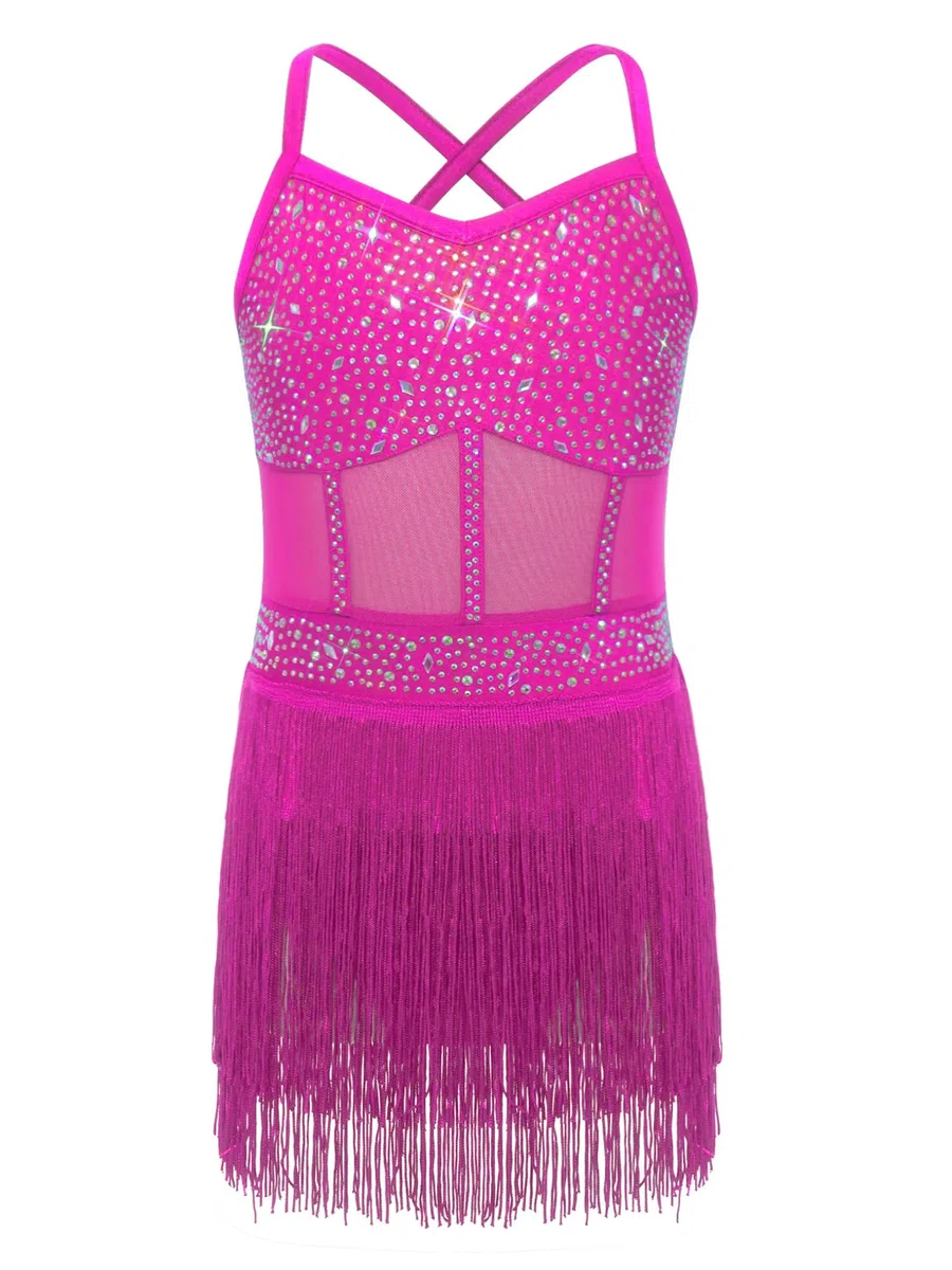 Kaerm Body Ginnastica Ritmica Bambina Abito da Ballo Latino Americano con Frange e Nappe Vestito da Danza Classica Moderna Costume Danza Samba Rumba Salsa Dancewear