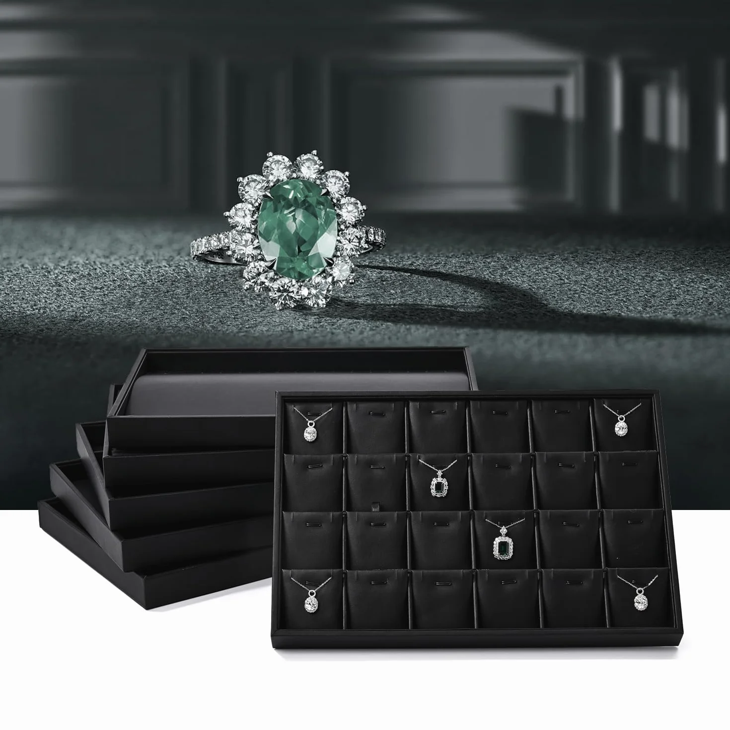 Oirlv Vassoio per Gioielli in Pelle Nera PU - Accessorio Espositore per Gioielli, Orologi, Orecchini e Anelli
