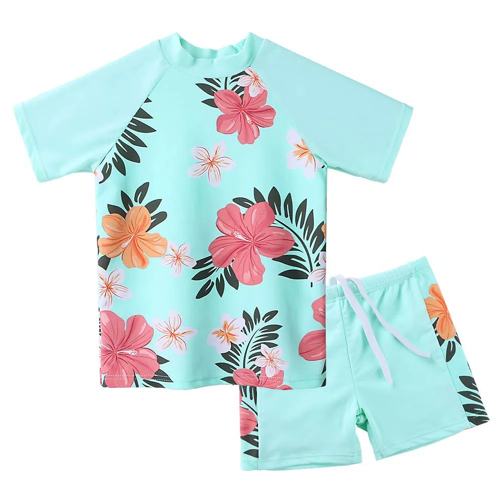 Ragazze Sunwear - Bambina Bambini Junior Maniche Corte Due Pezzi Costumi Bagno da Maglietta e Pantaloncini Rash Guard Anti UV UPF 50+ Set Spiaggia