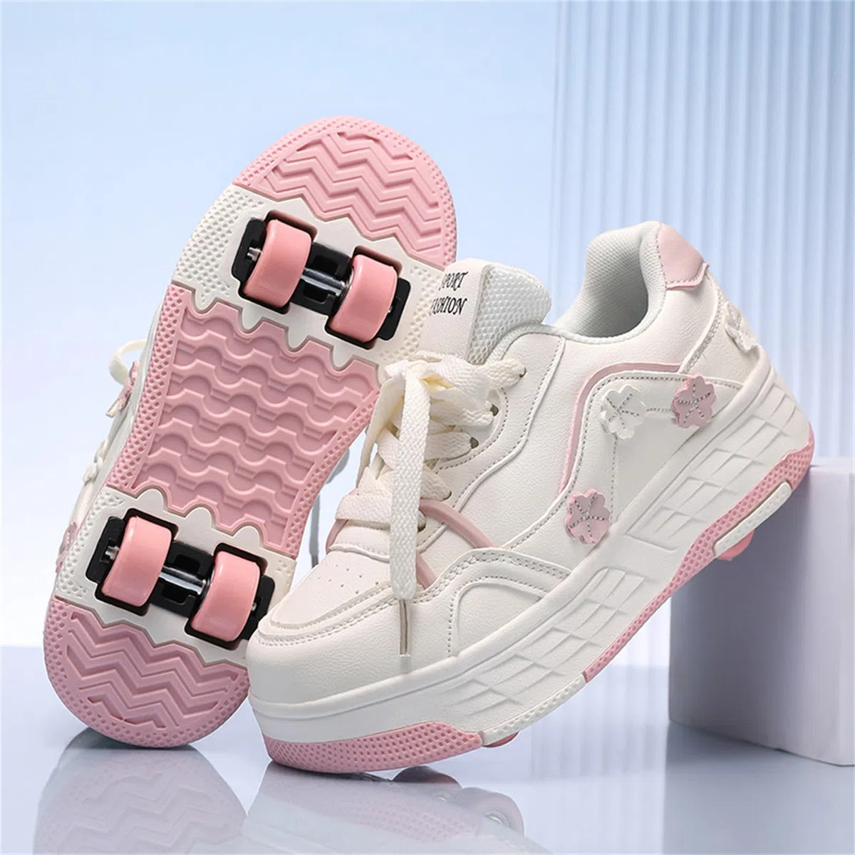 Mateju Scarpe con Rotelle Bambina Ragazza Sportive Scarpe da Skateboard, Margherite 4 Rotelle Rimovibile Skateboard Ginnastica da Pattini Sneakers per Bambino, 30-40 EU