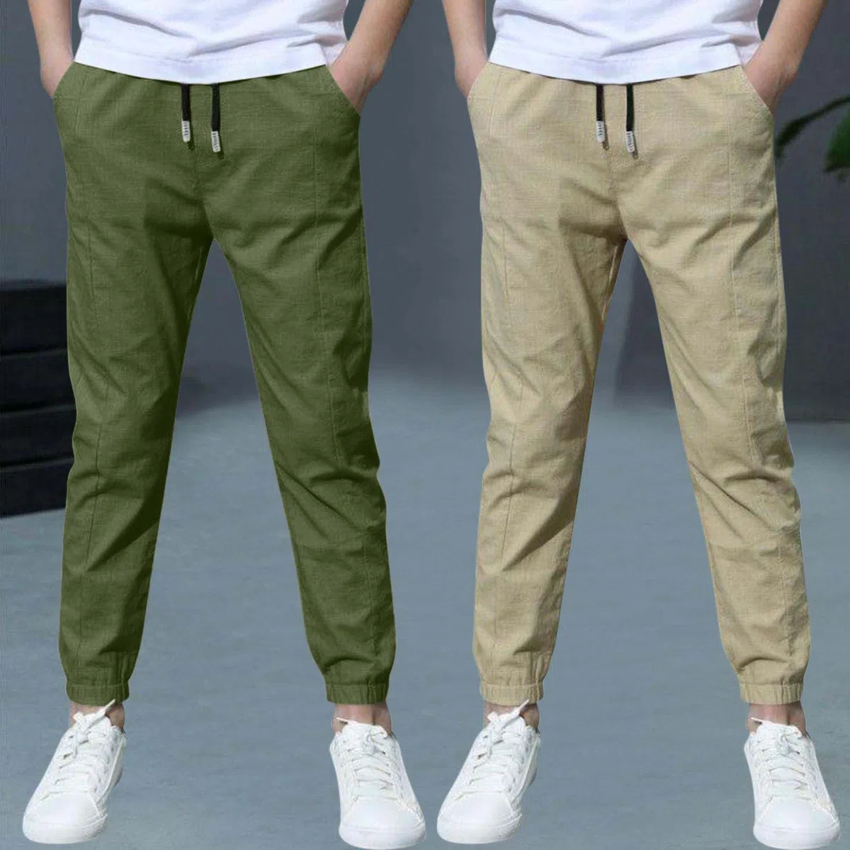 Confezione da 2 pantaloni in lino estivi classici alla moda pantaloni chino con coulisse, pantaloni sportivi leggeri, casual, tinta unita, uniforme scolastica, età 3-13 anni