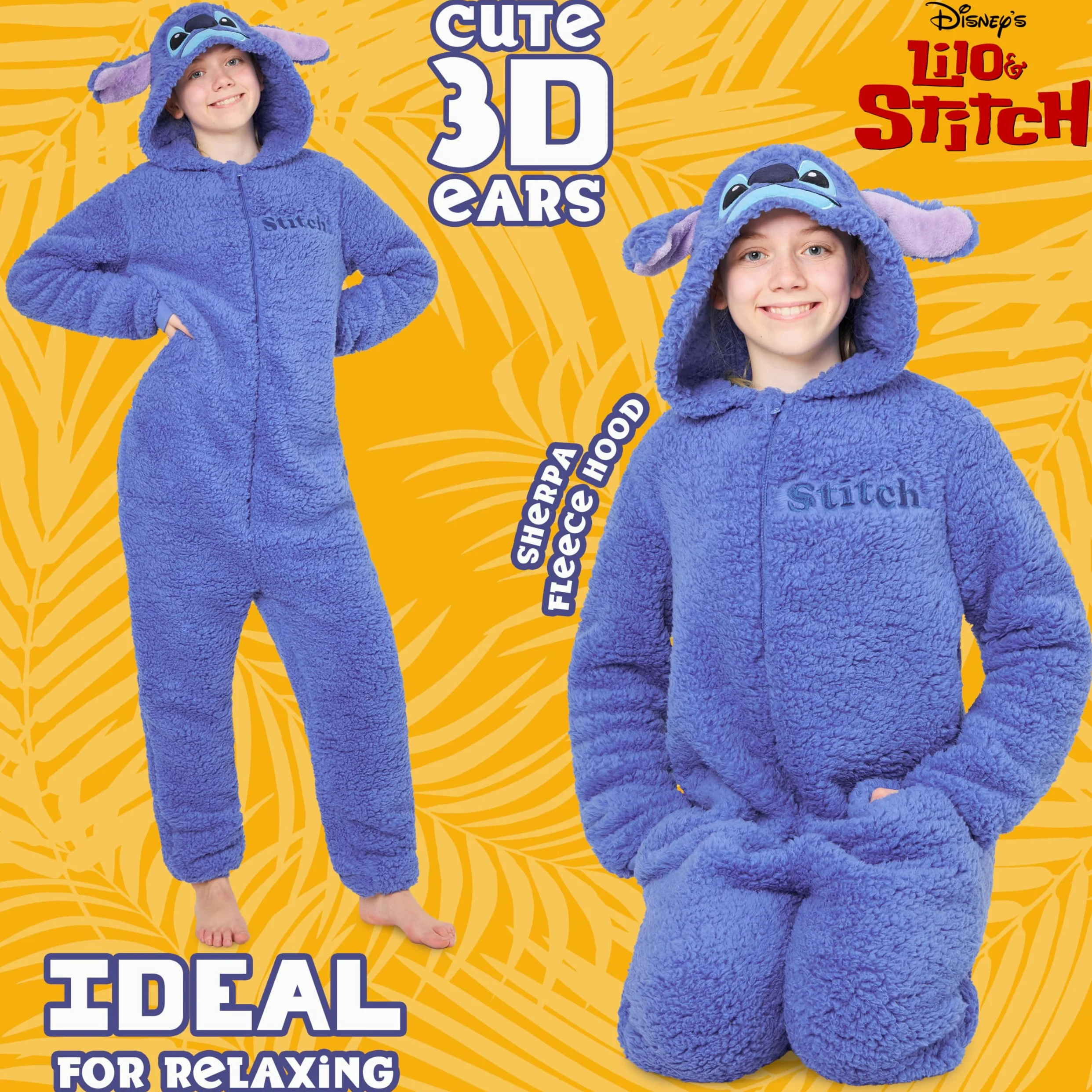 Disney Pigiama Intero Bambina - Pigiamone Stitch in Pile con Zip 4-15 Anni - Pigiami Interi con Cappuccio Gadget Regalo