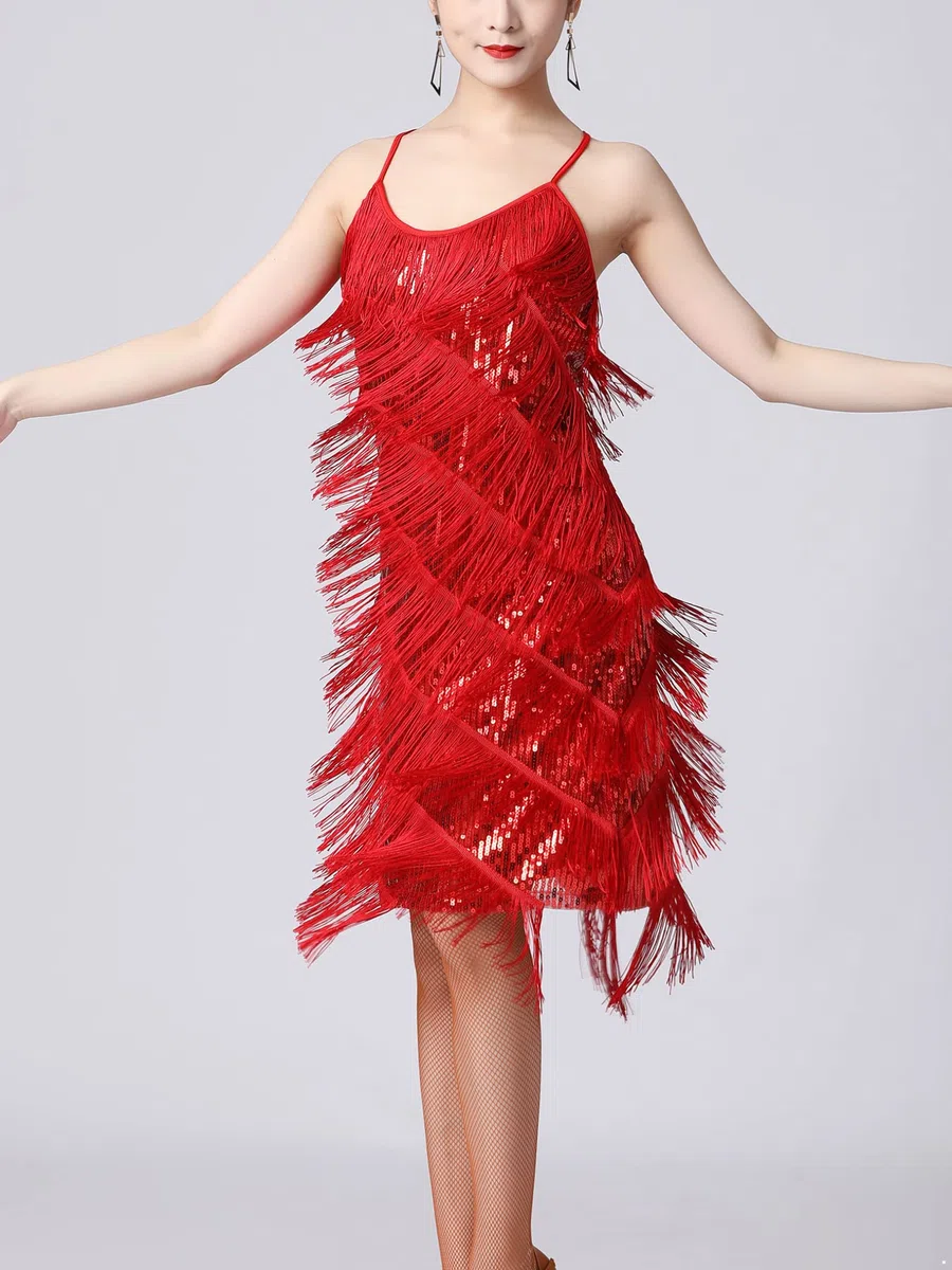 Freebily Abiti da Ballo Donna Senza Maniche Tango Latin Jazz Paillettes Nappa Abito Vestito Vestiti da Latino Americano Frange Lustrino Vestiti da Rumba Salsa Samba