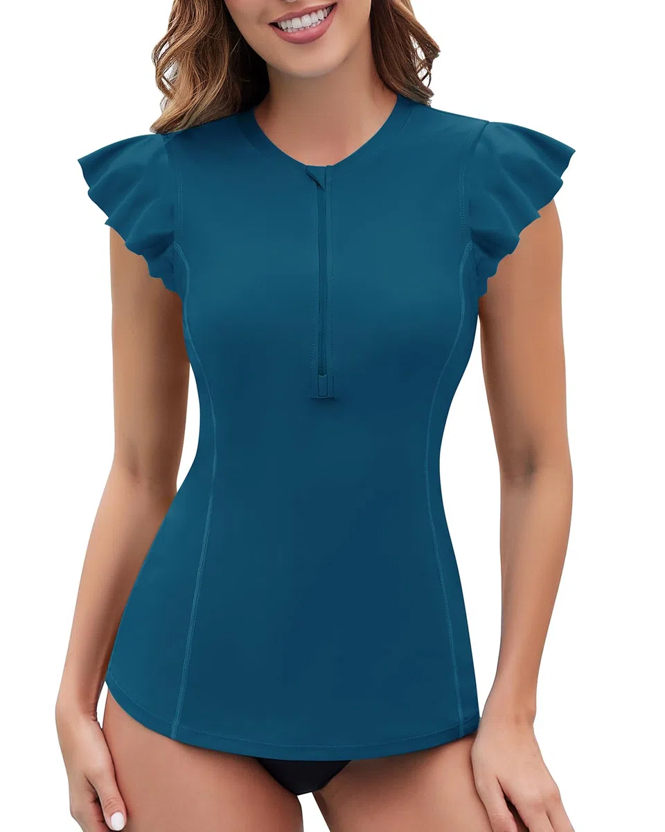 WOWENY Surf - Maglietta da Donna a Maniche Lunghe, con Chiusura Lampo 1/4, Costume da Bagno Rash Guard