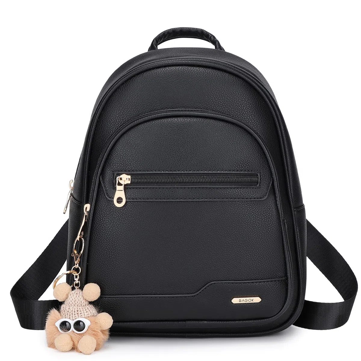 BAGOK Zainetto Mini Donna – Elegante zaino piccolo in similpelle strutturata con logo discreto, zip dorata, motivo trapuntato e ciondolo peluche – Perfetto per scuola, viaggio e uso quotidiano