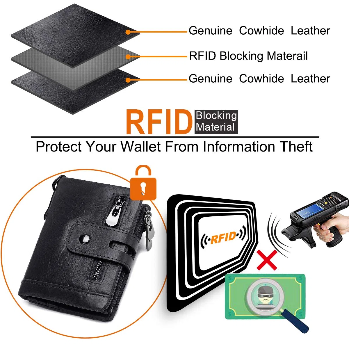 REETEE Portafoglio Uomo Blocco RFID Vera Pelle con Catena, Cerniera Portamonete 16 Porta Carte di Credito Bifold Verticale (nero)