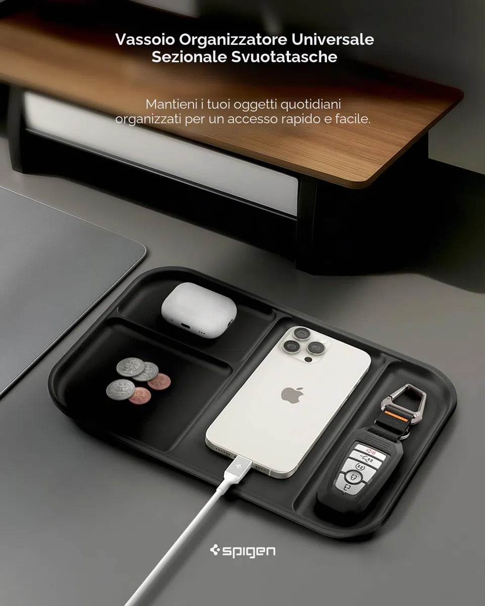 Spigen Modern Valet Sectional Tray – Organizzatore Rangement Premium in PU con 4 Scomparti, Vassoio Svuotatasche Multifunzionale per Ufficio, Cucina e Comodino, Chiavi, Portafoglio, Orologio, Telefono