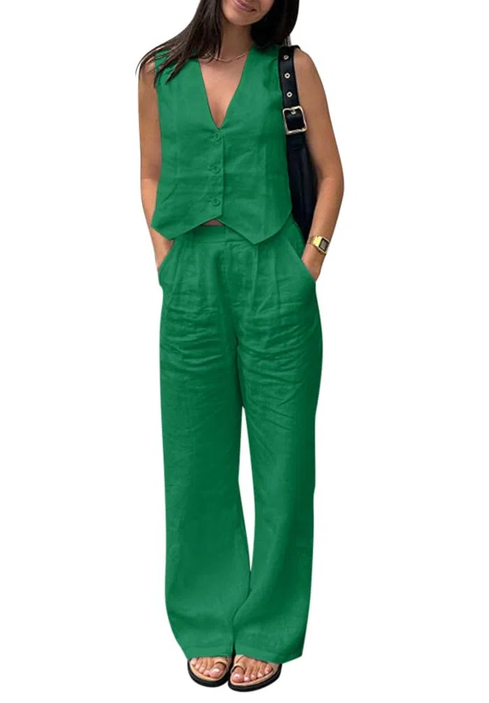 Minetom Completo da Donna Due Pezzi Elegante Senza Maniche Blazer Scollo a V Gilet Ufficio Business Giacca Gilet e Pantaloni