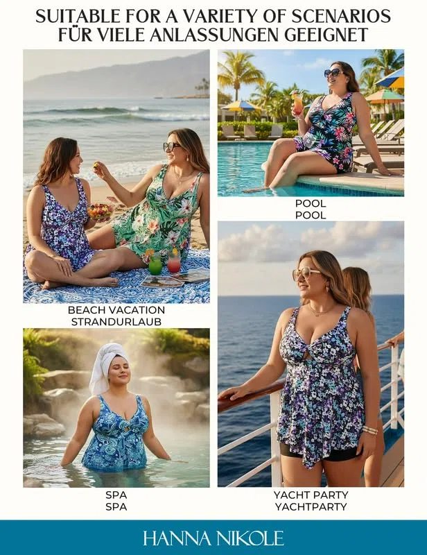 Hanna Nikole Tankini - Costume da bagno da donna, taglie grandi, 2 pezzi, con pantaloncini da bagno push up, costume da bagno regolabile, costume da bagno crossover
