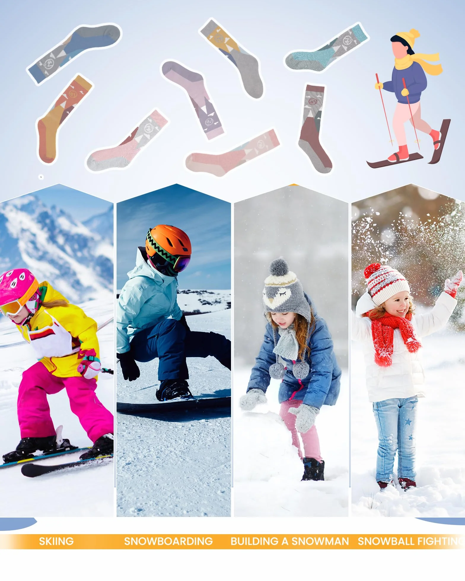 OutdoorMaster 2 Paia Lana Merino Calze da Sci per bambini, Calze Invernali da Snowboard Traspiranti per Ragazze/Ragazzi per Sport All'aria aperta con Sopra il Polpaccio Design/Polsini Antiscivolo