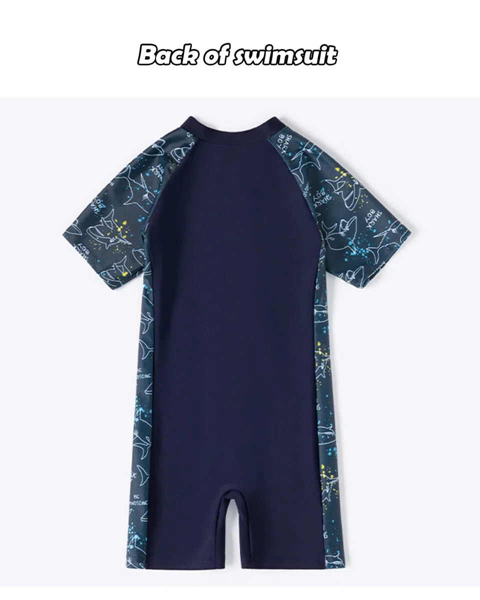 Costume Mare Bambino, Maglia Anti UV, Costume da Bagno Intero (IT, Età 8-9 Anni, Regular, Blu Navy, Squalo)