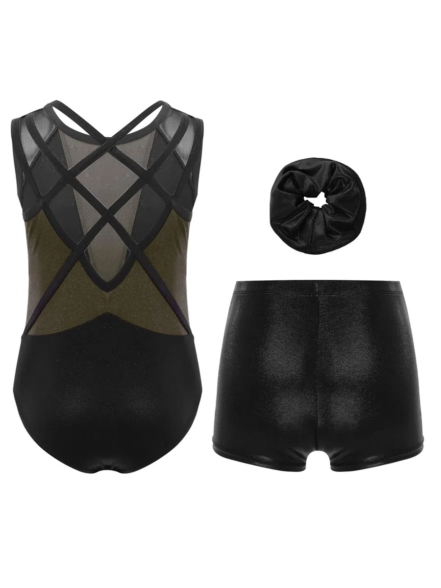 Freebily Body Ginnastica Artistica Bambina Balletto Leotards con Pantaloncini e Fascia per Capelli Body Danza Classica Moderna con Strass Abito da Pattinaggio Artistico