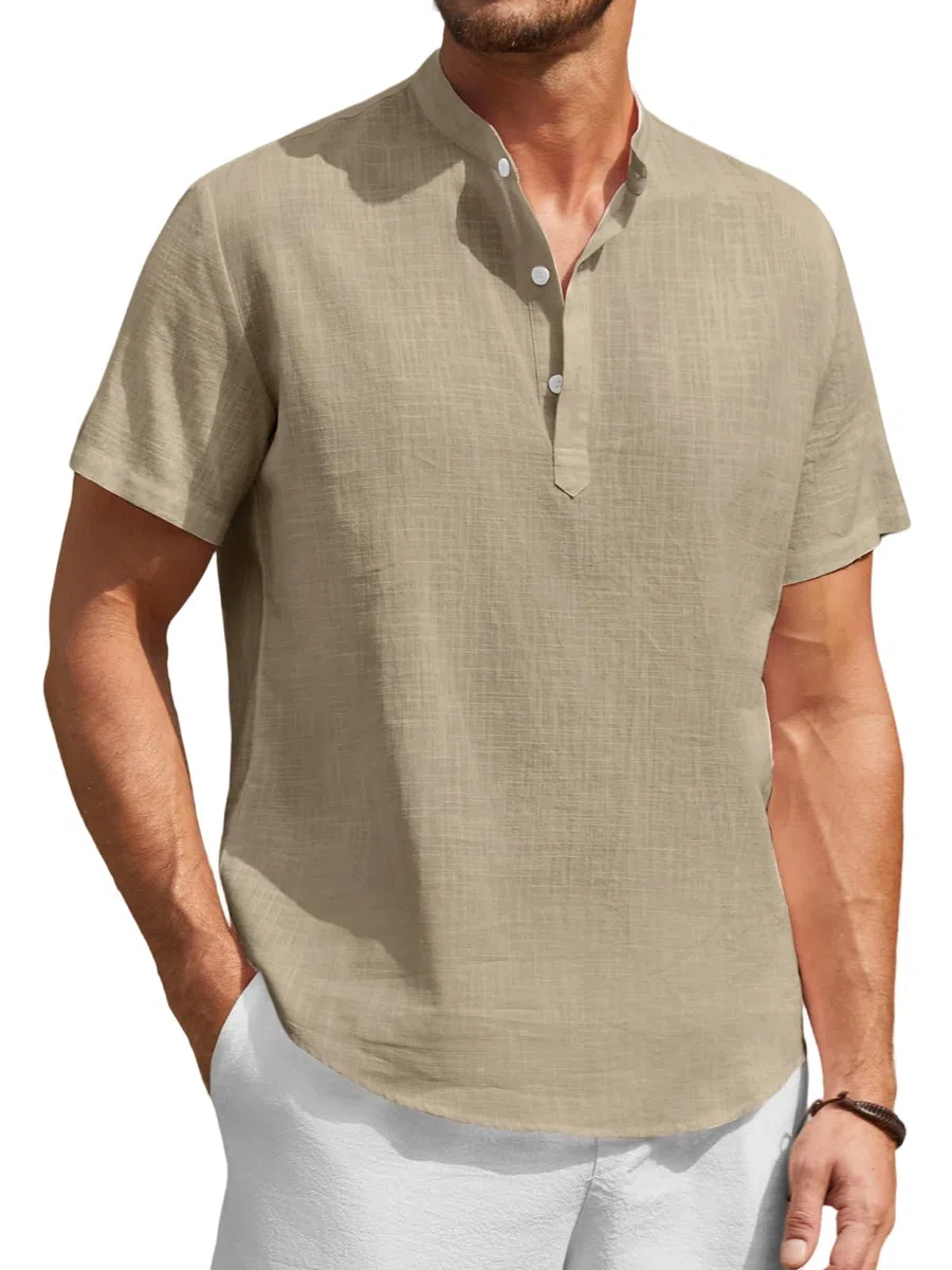 Enlision Camicia Uomo di Lino Cotone Maniche Corte Camicie Collo Coreana Casual Estiva Elegante Maglietta Serafino Tinta Unita vestibilità Ampia S-4XL