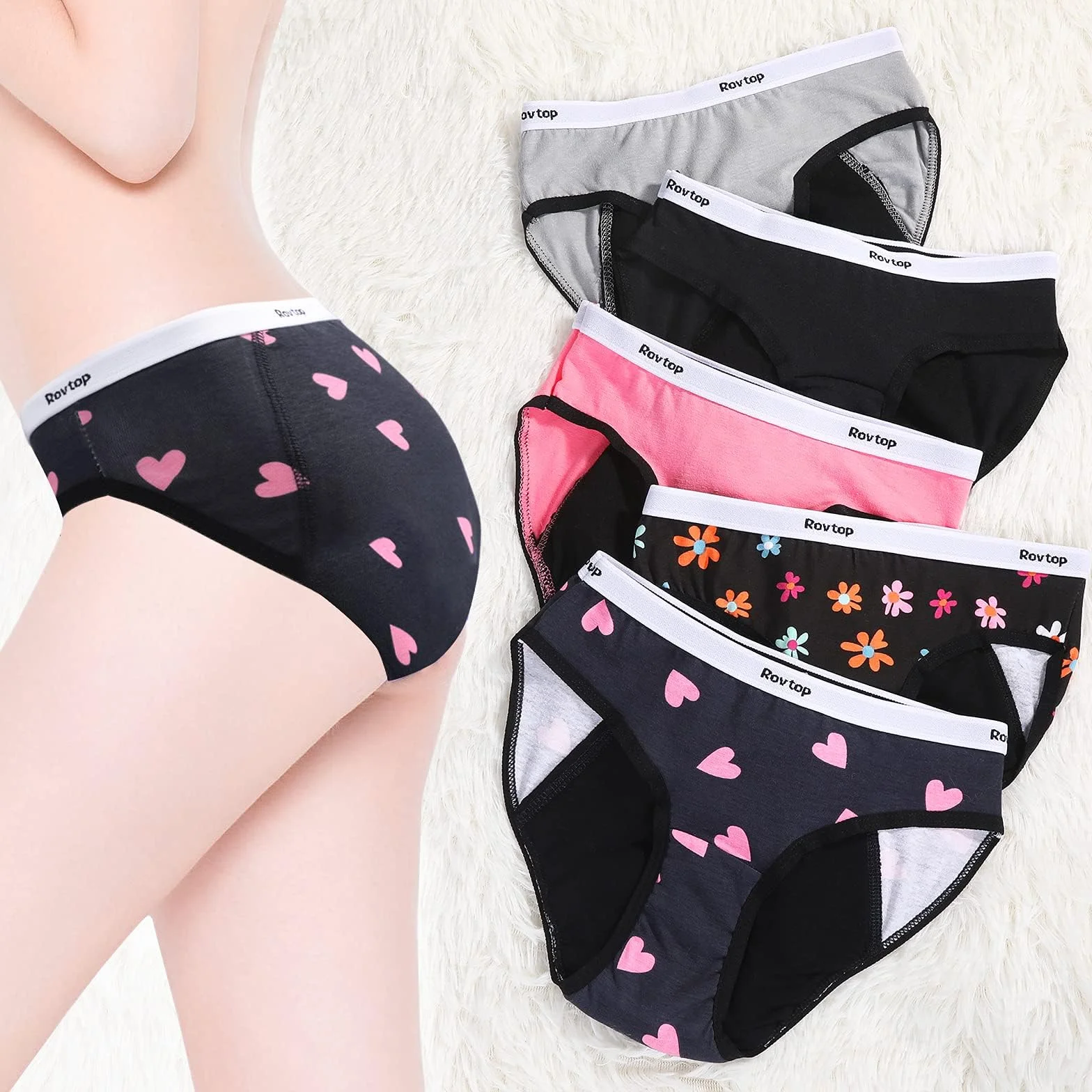 Rovtop Girls Menstrual Period Pants Teenager, Kids 5Pcs Soft Cotton Menstrual Briefs, Period Knickers Girls Leak-Proof, Clean And Washable, Teenage Menstrual Underwear for 8-16 Years Black