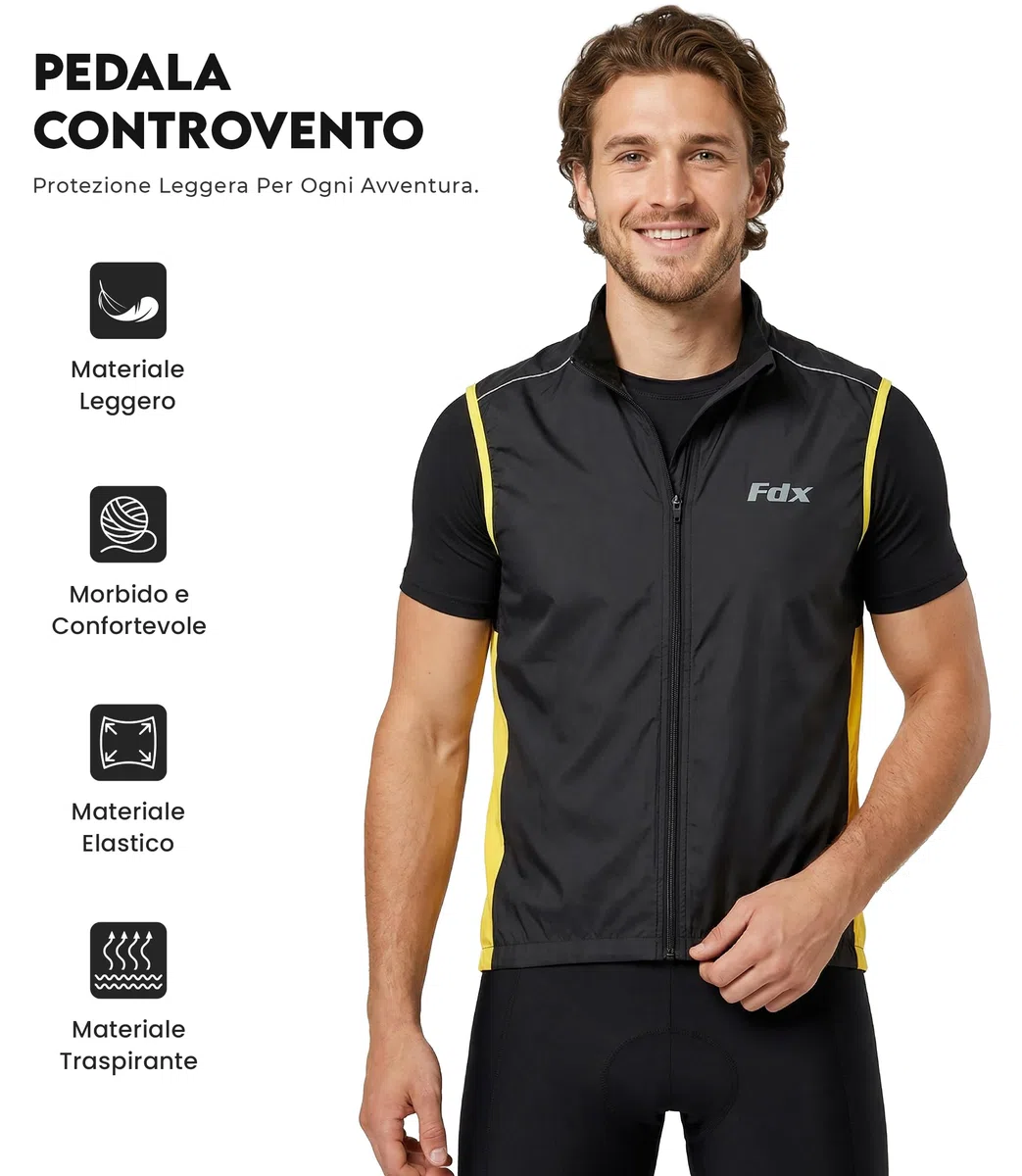 FDX Gilet ciclismo uomo leggero, traspirante, senza maniche, riflettente, antivento e idrorepellente, ideale per bici, corsa, MTB, escursionismo e fitness