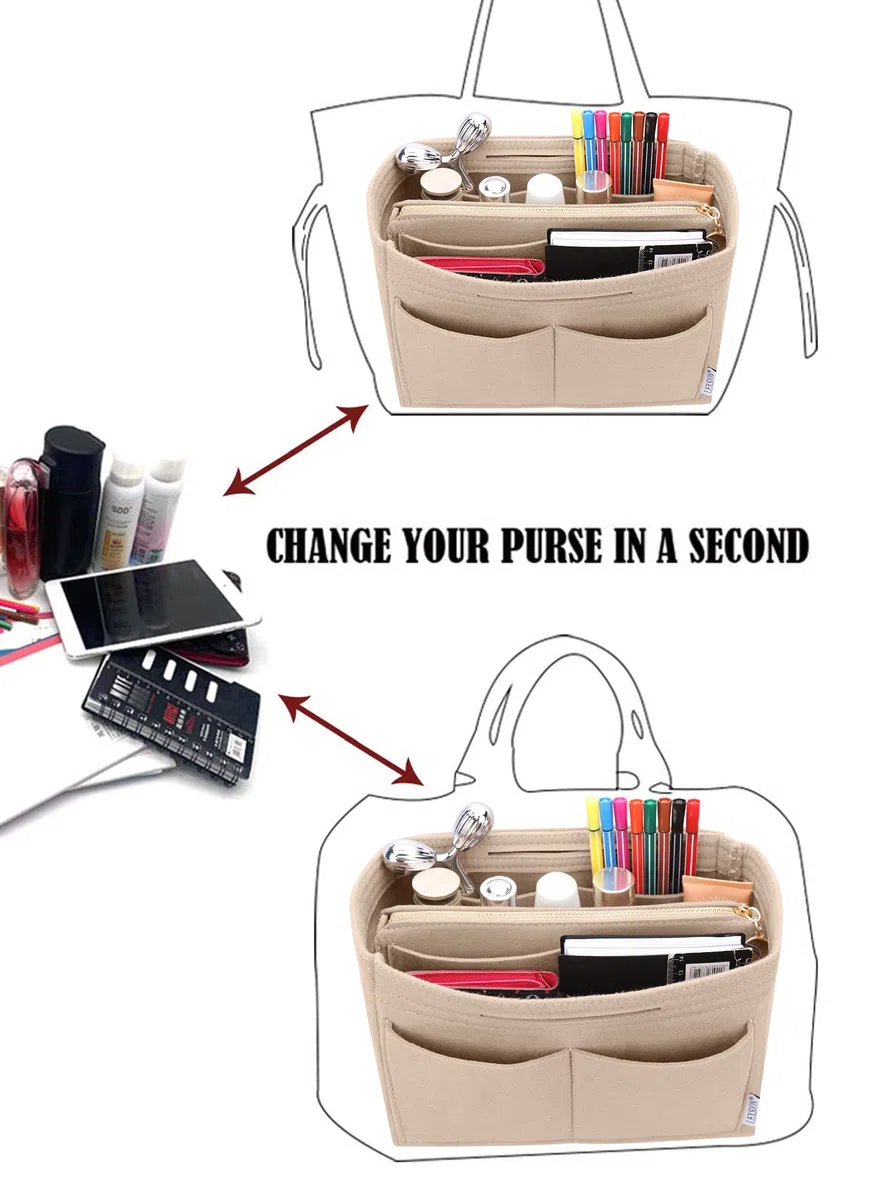 Feltro Borsa Organizer Inserto con cerniera Borsa Tote Shaper Fit Speedy Neverfull MM GM, Beige, Small