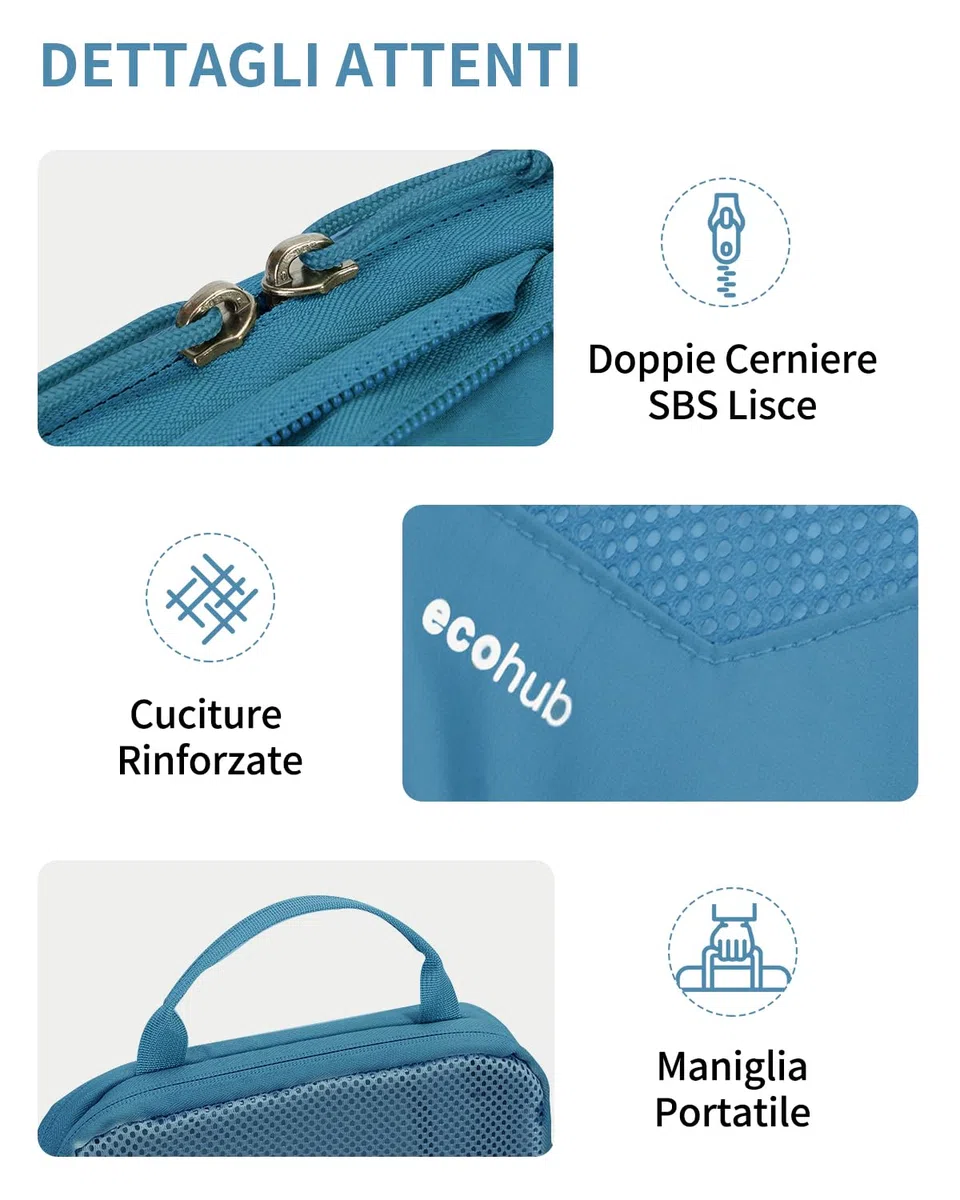 ECOHUB Compressione Organizer da Viaggio, 4 Pezzi Borsa Organizzatori per Valigie con Etichetta, Packing Cube per Borse da Viaggio Riciclate per Zaino, Verde acqua