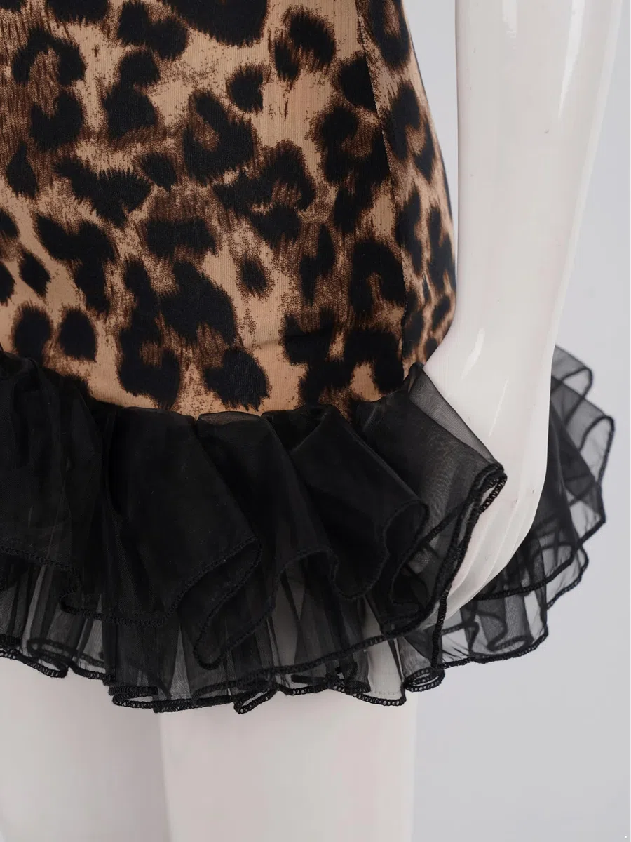 Aislor Vestito da Ballo Latino Americano Bambina Y2k Top Canotta + Gonna con Motivo Leopardato Abito da Pattianggio Artistico Vestito da Balletto Dancewear