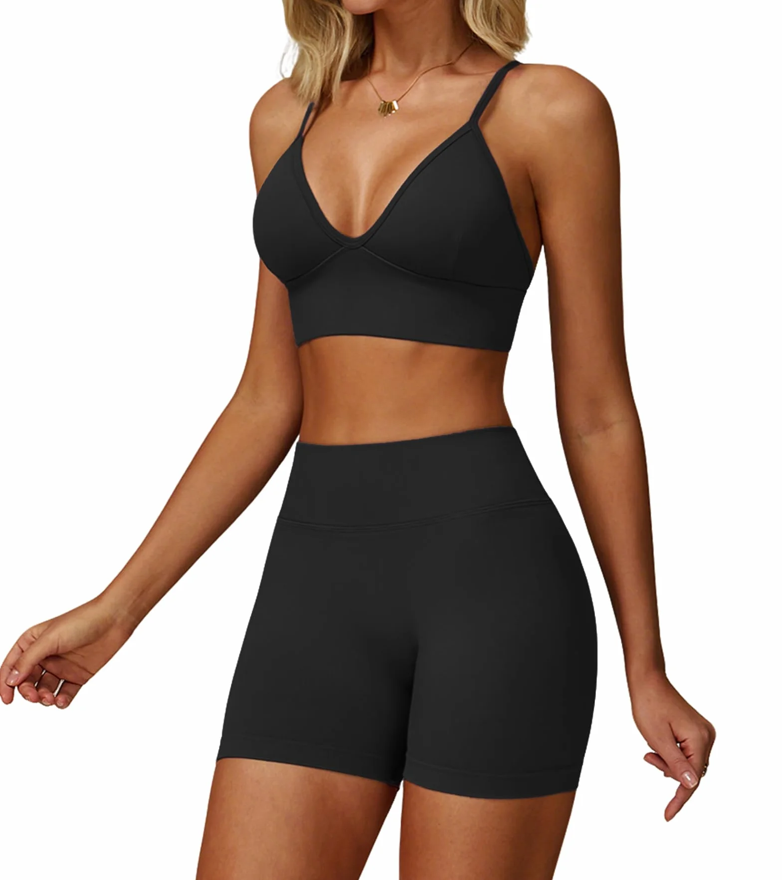 Sportivo Set Donna Palestra Costine Outfit Set Yoga Spalline Allenamento Fitness Abbigliamento Reggiseno Scollo a V Schiena Scoperta Abbinato Pantaloncini Scrunch Abbigliamento Senza Cuciture