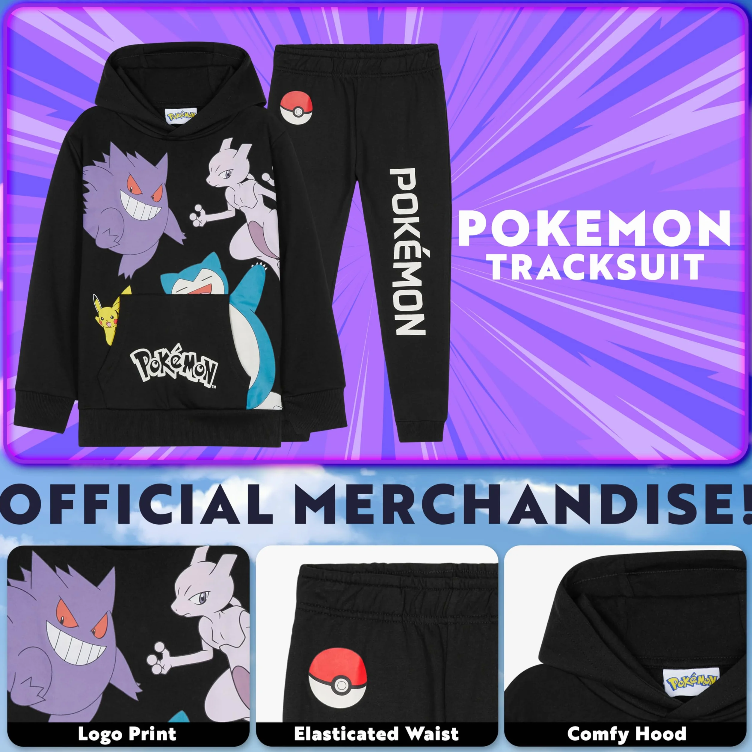 Pokémon Tuta Bambino e Adolescenti, 2 Pz Comodo Felpa con Cappuccio e Pantaloni Tuta Bambino, Anime Regalo Ragazzo