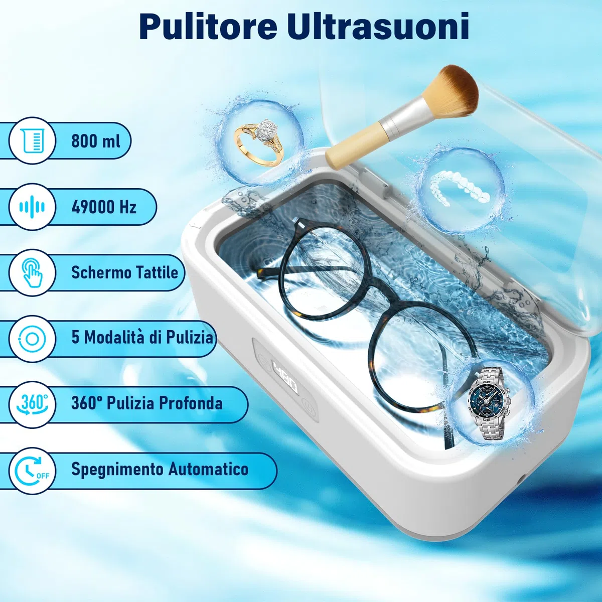 Pulitore Ultrasuoni 800ML, Lavatrice Ultrasuoni Olubfdh, Vasca Ultrasuoni 49KHz,Portatile 360°Ultrasonic Cleaner Gioielli per Protesi, Occhiali, Orologi