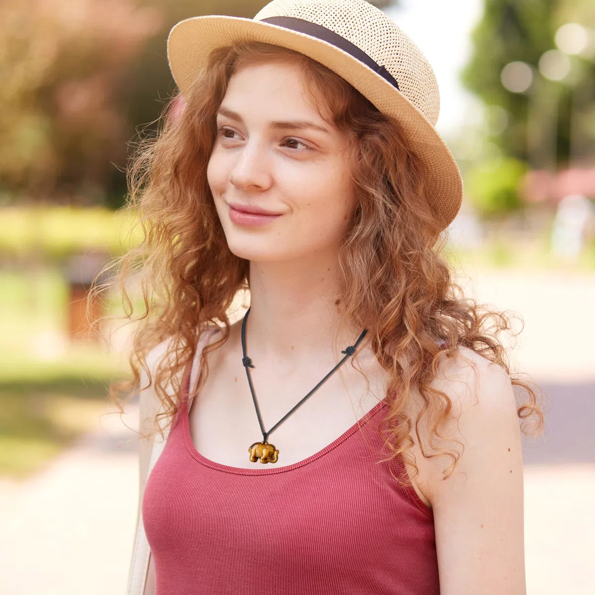 COAI Pendente Elefante in Pietra Dura Naturale Occhio di Tigre, Collana Pendente Unisex Laccio Regolabile